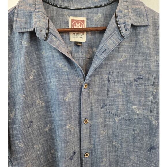 Micros Los Angeles Blue Chambray Pineapple Tropical Print Shirt Pocket Large - Picture 3 of 8